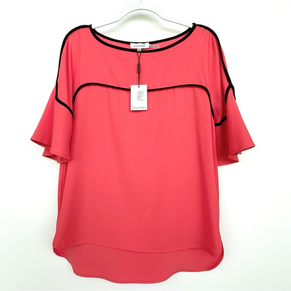 CALVIN KLEIN Blouse Georgette Contrast Trim Flutter Sleeve Boat Neck Stretchy